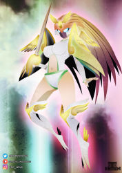 1girl ancientirismon armor blue_eyes breasts digimon digimon_frontier fighting_stance helmet highres mask multicolored_hair navel open_hand panties rapier shoulder_armor shoulder_pads sword underwear weapon winged_boots wings