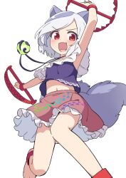 1girl animal_ears anklet bare_arms bare_shoulders bear_trap frilled_skirt frills gem grey_hair highres hiyaya_(kochi_michikaze) jewelry mitsugashira_enoko multicolored_hair multiple_tails pink_skirt purple_hair shirt simple_background skirt solo tail touhou