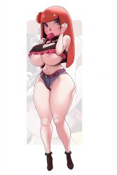 1girl animal_crossing ankle_boots areola_slip black_boots black_collar blush boots breasts brown_eyes character_request cleavage cleft_of_venus collar commentary crop_top cutoffs denim denim_shorts english_commentary food frills full_body highres huge_breasts long_hair navel nintendo no_bra outside_border pale_skin partially_visible_vulva popsicle pussy red_hair red_nose sexually_suggestive short_shorts shorts solo straight_hair the_kite thick_thighs thighs tongue tongue_out zoom_layer