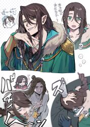 Rule 34 | 3boys, absurdres, anger vein, bandaged neck, bandaged wrist, bandages, black gloves, black hair, bracer, braid, brown eyes, brown hair, c4vknggjci51182, chiikawa, chinese clothes, cloak, cosplay, cousins, crack, cracked floor, eyeliner, eyepatch, fangs, fingernails, fur-trimmed cloak, fur trim, furrowed brow, gloves, green cloak, green eyes, green hanfu, green nails, grin, hair bun, hair ornament, hair ribbon, hand on another&#039;s head, hanfu, highres, hua cheng, jewelry, long hair, looking at another, looking at viewer, makeup, male focus, momonga (chiikawa), motion blur, motion lines, multiple boys, multiple views, necklace, open mouth, partially fingerless gloves, pointy ears, purple lips, qi rong, qi rong (cosplay), red eyes, red hanfu, ribbon, sharp fingernails, sharp teeth, single braid, single glove, skull, skull hair ornament, slapping, smile, teeth, tianguan cifu, upper body, white ribbon, xie lian