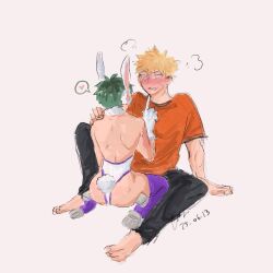 2boys ass ass_focus awkward bakudeku bakugou_katsuki barefoot bent_over blonde_hair blush boku_no_hero_academia bones_(company) boots cosplay curly_hair excited freckles gloves green_hair huge_ass leotard messy_hair midoriya_izuku mirko multiple_boys pancakeice_twt pants rabbit_ears rabbit_tail scar scar_on_arm seductive_ass shirt shounen_jump sitting spiked_hair yaoi