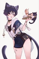 Rule 34 | 1boy, absurdres, adapted costume, akumana, animal ears, animalization, bell, bishounen, black cat, black nails, cat, cat boy, cat ears, cat tail, commentary, contrapposto, cowboy shot, english commentary, genshin impact, grabbing own thigh, hand on own thigh, highres, jewelry, jingle bell, kemonomimi mode, male focus, nail polish, necklace, no headwear, osugaki, person and animalization, purple eyes, purple hair, scaramouche (cat) (genshin impact), scaramouche (genshin impact), shirt, short hair, simple background, solo, tail, thighs, tongue, tongue out, vision (genshin impact), wanderer (genshin impact), white background, white shirt