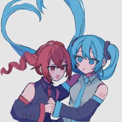 2girls aqua_eyes aqua_hair aqua_necktie arm_tattoo black_shirt commentary curly_hair detached_sleeves hair_between_eyes hatsune_miku highres kasane_teto kasane_teto_(utau) long_hair looking_at_another multiple_girls necktie open_mouth parted_lips red_eyes red_hair rtm1016 shirt simple_background smile tattoo twintails upper_body utau variant_set very_long_hair vocaloid white_background wide_sleeves