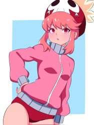 Rule 34 | 1girl, beret, blizzard (b1iz4rd), buruma, cowboy shot, gluteal fold, gym uniform, hand on own hip, hat, hat feather, highres, jacket, jakuzure nonon, kill la kill, light blush, long sleeves, looking at viewer, open mouth, pink eyes, pink hair, pink jacket, puffy long sleeves, puffy sleeves, red buruma, simple background, solo, standing, track jacket