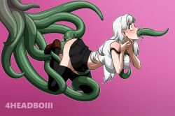 4headboiii all_the_way_through anal anus_to_mouth choking_on_object crying crying_with_eyes_open double_penetration highres original shocked_pupils skirt tears tentacles thighhighs vaginal white_hair
