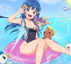 :d aipom armpits black_one-piece_swimsuit blue_eyes blue_hair blue_sky blush breasts buneary casual_one-piece_swimsuit cleavage collarbone covered_navel dawn_(pokemon) eyelashes gen_2_pokemon gen_4_pokemon hair_ornament hairclip halterneck highleg highleg_one-piece_swimsuit innertube long_hair meru_rumi nintendo ocean one-piece_swimsuit open_mouth pachirisu piplup pokemon pokemon_(creature) pokemon_dppt shiny_skin signature sky small_breasts smile splashing summer swim_ring swimsuit togekiss very_long_hair watermark web_address