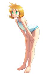 1girl ass bare_legs bare_shoulders barefoot bent_over blush breasts feet female_focus flat_chest gen_1_pokemon green_eyes gym_leader hands_on_own_knees hands_on_own_thighs highres leaning_forward legs looking_at_viewer misty_(pokemon) nintendo one-piece_swimsuit open_mouth orange_hair pokemon pokemon_(anime) pokemon_gsc pokemon_hgss shirt short_hair shorts sleeveless smile solo standing swimsuit teeth thighs toes white_one-piece_swimsuit