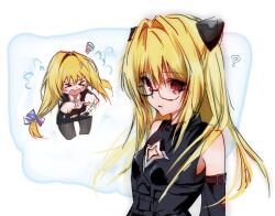&gt;_&lt; 1girl ? bare_shoulders bespectacled black_dress black_sleeves blonde_hair blush bow bun_cover chibi chibi_inset closed_mouth clothing_cutout commentary detached_sleeves double_bun dress eee_mii glasses hair_bow hair_bun hair_intakes highres konjiki_no_yami long_hair looking_at_viewer multiple_views open_mouth red_eyes star_cutout to_love-ru