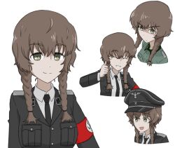 :d amane_suzuha black_cat03 braid brown_hair collar_tabs collared_shirt commission eyebrows_hidden_by_hair germany green_eyes hat hat_ornament jacket military_dress_uniform military_hat military_jacket military_uniform nazi nazi_flag necktie open_mouth reichsadler shirt siegrunen skull_hat_ornament smile ss_insignia ss_uniform steins;gate swastika totenkopf twin_braids waffen-ss world_war_ii