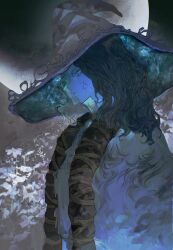 1girl absurdres blue_eyes blue_hair blue_skin cloak closed_mouth colored_skin commentary cracked_skin dress elden_ring extra_faces fhillia_lili fur_cloak fur_trim grey_cloak hat highres large_hat long_hair moon night profile ranni_the_witch solo wavy_hair white_dress white_hat witch witch_hat