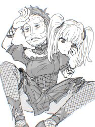 1boy ani_(xai) ani_(xai)_(cosplay) arm_up breasts choker chromatic_aberration commentary corset cosplay crossdressing crossdressing_(mtf) elon_musk fishnet_thighhighs fishnets greyscale highres holding holding_mask kazkitashima lace-trimmed_choker lace_trim large_breasts male_focus mask monochrome puffy_short_sleeves puffy_sleeves real_life short_sleeves simple_background solo sweat thighhighs twitter white_background wiping_sweat xai_(company)