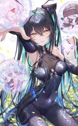 1girl absurdres armpits black_bodysuit black_hair black_nails bodysuit breasts bubble cinderella_(nikke) commentary covered_navel goddess_of_victory:_nikke grave_(nikke) green_hair gretel_(nikke) hair_intakes hansel_(nikke) highres large_breasts little_mermaid_(nikke) long_hair multicolored_hair parted_lips solo taya_oco twintails two-tone_hair very_long_hair yellow_eyes