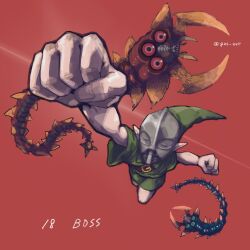 1boy blonde_hair fighting full_body giant&#039;s_mask gus_uur hat link mask monster nintendo pointy_ears punching red_background the_legend_of_zelda the_legend_of_zelda:_majora&#039;s_mask tunic twinmold