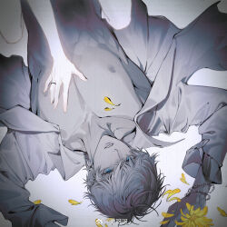 1boy 1girl bare_pectorals blue_eyes bracelet chain chain_bracelet chinese_commentary collared_shirt ear_piercing flower girl_on_top greyscale hand_on_another&#039;s_chest hetero highres jewelry long_sleeves looking_at_viewer love_and_producer lying male_focus monochrome nipples on_back open_clothes open_shirt out_of_frame parted_lips pectorals petals piercing protagonist_(love_and_producer) ring sayahime shirt short_hair solo_focus spot_color straddling upper_body upside-down watermark weibo_watermark white_background yellow_flower zhou_quiluo