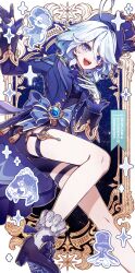 1girl absurdres ahoge asymmetrical_gloves black_gloves black_shoes black_shorts blue_bow blue_eyes blue_hat bow drop-shaped_pupils furina_(genshin_impact) genshin_impact gloves hair_between_eyes hat heterochromia high_heels highres long_sleeves looking_at_viewer mismatched_gloves mismatched_pupils open_mouth shoes short_hair shorts smile socks solo symbol-shaped_pupils thigh_strap top_hat vision_(genshin_impact) white_gloves white_hair white_socks yuu_(isis7796)