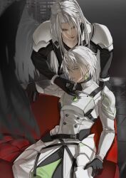 2boys armor belt black_belt black_coat black_footwear black_gloves black_pants boots bracer breastplate chinese_commentary coat commentary_request couch day dual_persona earrings expressionless feathered_wings final_fantasy final_fantasy_vii final_fantasy_vii_ever_crisis final_fantasy_vii_remake gloves green_eyes grey_hair hair_intakes high_collar highres hyu49925 indoors jewelry knee_boots leaning_forward long_bangs long_coat long_hair long_sleeves looking_at_another looking_at_viewer looking_down male_focus multicolored_coat multiple_belts multiple_boys on_couch pants parted_bangs pauldrons sephiroth sephiroth_(ever_crisis) sephiroth_(lethal_style) short_hair shoulder_armor single_wing sitting slit_pupils tile_floor tiles two-tone_coat upper_body very_long_hair white_coat wings