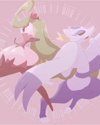 2girls ahoge animal_ears animal_feet animal_hands animal_nose arms_up artist_name black_footwear body_fur boots claws colored_skin fang flat_chest from_side furry furry_female gen_5_pokemon gen_7_pokemon green_hair grey_fur hair_ornament half-closed_eyes hands_up highres huge_ahoge leg_up lemonade_kokoi long_hair mienshao monster_girl multicolored_skin multiple_girls nintendo open_mouth outline plant_girl plant_hair pokemon pokemon_(creature) profile purple_eyes purple_fur purple_skin red_background red_eyes sideways_mouth signature skin_fang snout standing standing_on_one_leg tail thick_thighs thigh_boots thighs tsareena twitter_username two-tone_fur two-tone_skin very_long_hair whiskers white_outline white_skin