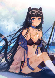 1girl absurdres animal_collar animal_ear_fluff animal_ears bandaged_tail bare_shoulders beach belt bikini black_bikini black_tail black_thighhighs blue_belt blue_collar blue_eyes blue_sky blue_thighhighs blunt_bangs breasts cat_ears cat_girl cat_tail chain chain_necklace chinese_commentary cleavage clenched_hand cloud collar commentary_request commission day expressionless eyelashes eyewear_on_head feet_out_of_frame gold_necklace grey_jacket hair_ornament hairclip hands_on_ground highres jacket jacket_partially_removed jewelry kamu_(poulro) knees_up long_hair medium_breasts mountainous_horizon navel necklace o-ring_collar ocean original outdoors parted_lips sample_watermark shadow single_thighhigh sitting sky sleeves_past_wrists solo stomach straight_hair striped_clothes striped_thighhighs sunglasses swimsuit tail thigh_belt thigh_strap thighhighs two-tone_thighhighs very_long_hair watermark weibo_watermark white-framed_eyewear