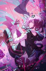 1girl artist_name black_jacket black_shorts commentary_request crossed_legs eyewear_on_head floral_background gloves high-waist_shorts highres honkai:_star_rail honkai_(series) jacket kafka_(honkai:_star_rail) meirong purple_eyes purple_gloves purple_hair round_eyewear shirt shorts solo sunglasses thread white_shirt