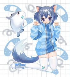 1boy animal_ears bandaid bandaid_on_face bandaid_on_leg blue_eyes blue_hair cat_ears indie_virtual_youtuber nyaonix shark short_twintails stuffed_toy tenshi_kaiwai thighhighs trap twintails utau water_gun