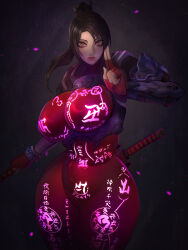 1girl absurdres arm_guards armor ass black_hair bodysuit breasts brown_eyes brown_hair curvy glowing_tattoo highres holding huge_breasts impossible_bodysuit impossible_clothes kodachi latex latex_bodysuit long_hair looking_at_viewer ninja ponytail red_bodysuit shiny_clothes short_sword shoulder_armor skin_tight solo soul_calibur soulcalibur soulcalibur_vi sword taki_(soulcalibur) weapon wide_hips xuuikie_ashe
