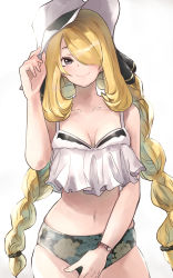1girl bare_arms bare_shoulders black_eyes blonde_hair braid breasts camouflage camouflage_shorts collarbone cowboy_shot crop_top cynthia_(pokemon) e-co female_focus hair_over_one_eye hand_up hat long_hair looking_at_viewer low_twintails medium_breasts micro_shorts midriff navel nintendo pokemon pokemon_dppt shirt shorts simple_background skindentation sleeveless sleeveless_shirt smile solo stomach sun_hat thighs twin_braids twintails very_long_hair watch white_background white_hat white_shirt wristwatch