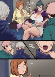 2boys 2girls arachnart breasts green_hair highres inumaki_toge itadori_yuuji jujutsu_kaisen kugisaki_nobara large_breasts mind_control multiple_boys multiple_girls orange_hair white_hair zen&#039;in_maki