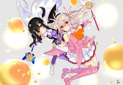 2girls bad_id bad_pixiv_id bare_shoulders black_hair blonde_hair boots breasts cape collar detached_sleeves earrings fate/kaleid_liner_prisma_illya fate_(series) floating_hair gloves hair_between_eyes hair_ribbon highres holding holding_hands holding_wand illyasviel_von_einzbern jewelry kaida_usagi long_hair looking_at_viewer magical_girl magical_ruby magical_sapphire miniskirt miyu_edelfelt multiple_girls orb pink_boots red_eyes ribbon skirt small_breasts thighhighs thighs twintails wand white_boots white_gloves yellow_eyes