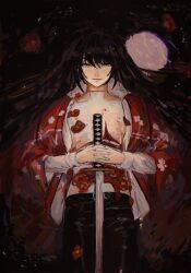 1boy afloat alternate_hair_color ashashio bishounen black_hair black_pants bleeding blood closed_mouth commentary_request cowboy_shot disembowelment exposed_bone floral_print flower flower_on_chest from_above full_moon green_eyes guro hair_down hair_spread_out hanachirasu hands_on_own_stomach haori highres intestines jacket japanese_clothes katana light_smile long_hair looking_at_viewer male_focus moon open_clothes open_jacket open_shirt pants print_jacket red_flower red_jacket reflection reflective_water ribs shirt slit_throat solo sword takeda_akane weapon white_shirt