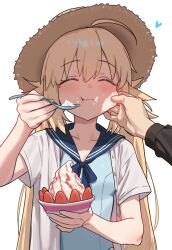 1boy 1girl absurdres artoria_caster_(fate) artoria_pendragon_(fate) blonde_hair blue_nails blue_sailor_collar cheek_pinching closed_eyes closed_mouth ebora fate/grand_order fate_(series) food hat heart highres holding holding_food holding_ice_cream holding_spoon ice_cream long_hair open_clothes open_shirt pinching sailor_collar shirt smile spoon straw_hat sun_hat twintails white_background white_shirt