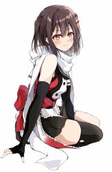 asymmetrical_legwear back_bow black_gloves black_hair black_neckerchief black_skirt black_thighhighs bow brown_eyes buttons dairyo3 double-breasted elbow_gloves fingerless_gloves full_body gloves hair_ornament highres kantai_collection kneehighs neckerchief red_shirt sailor_collar scarf school_uniform sendai_(kancolle) sendai_kai_ni_(kancolle) serafuku shirt short_hair simple_background single_kneehigh single_sock single_thighhigh skirt socks thighhighs two_side_up uneven_legwear white_background white_sailor_collar white_scarf