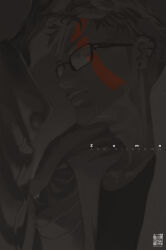 Rule 34 | 1boy, absurdres, artist name, commentary, dandadan, ear piercing, glasses, highres, pakupaku keema, piercing, qr code, scar, scar on chin, scar on face, short hair, solo, unji zuma
