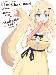 Rule 34 | 1girl, black atelier09, blonde hair, bow, bowtie, breasts, collarbone, dress, hands on own chest, highres, japanese text, large breasts, long tongue, medium hair, reptile girl, tagme, tongue, yellow dress