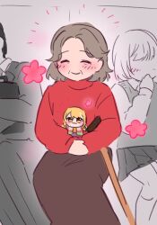 1boy 3girls ^_^ blush cane chibi chibigurumi closed_eyes derivative_work faceless faceless_female formal_clothes fujita_kotone gakuen_idolmaster idolmaster kurunya_kawaii multiple_girls old old_woman partially_colored red_sweater school_uniform sitting smile sweater