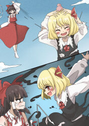 Rule 34 | 2girls, black skirt, black vest, blonde hair, blush stickers, bow, break~, broken, brown eyes, brown hair, chinese commentary, clenched teeth, collared shirt, commentary request, darkness, defeat, detached sleeves, embodiment of scarlet devil, fang, fighting, floating, frilled shirt collar, frills, gohei, hair bow, hair ribbon, hair tubes, hakurei reimu, hands on own head, highres, holding, holding gohei, long hair, long sleeves, multiple girls, needle, open mouth, red bow, red eyes, red ribbon, red skirt, red vest, ribbon, rumia, shirt, sideways mouth, skin fang, skirt, skirt set, smile, socks, tearing up, teeth, throwing needles, torn bow, torn clothes, torn shirt, torn vest, touhou, umbrakinesis, very long hair, vest, white shirt, white socks