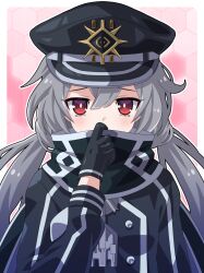 Rule 34 | 1girl, black scarf, blush, covering own mouth, duel monster, gloves, grey hair, hat, kura (xxcracy), long hair, long sleeves, looking at viewer, red eyes, scarf, sky striker ace - roze, solo, twintails, upper body, yu-gi-oh!