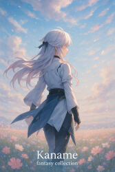 1girl black_bow black_gloves black_pants bow cloud day field fingerless_gloves floating_hair flower flower_field from_behind gloves hair_bow highres jacket kanae_(pixiv116111684) long_hair long_sleeves original outdoors pants pink_flower solo standing white_hair white_jacket