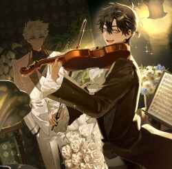 Rule 34 | 2boys, :d, alternate costume, antenna hair, ascot, beamed eighth notes, black hair, black jacket, black pants, black shirt, black suit, black vest, blue bow, blue bowtie, blue eyes, blue flower, bouquet, bow, bow (music), bowtie, cheng xiaoshi, closed mouth, collared shirt, cowboy shot, fang, flower, formal clothes, frilled sleeves, frills, grey shirt, hair between eyes, hand in pocket, highres, holding, holding instrument, holding violin, indoors, instrument, jacket, justjust monika, light particles, long sleeves, looking at another, looking at object, lu guang, male focus, multiple boys, music, musical note, open clothes, open jacket, open mouth, pants, paper, phonograph, plant, playing instrument, ponytail, rose, sheet music, shiguang dailiren, shirt, short hair, short ponytail, smile, sparkle, standing, suit, suit jacket, teeth, vase, vest, violin, white ascot, white bow, white bowtie, white flower, white hair, white jacket, white pants, white rose, white shirt, white suit, white vest, yellow eyes
