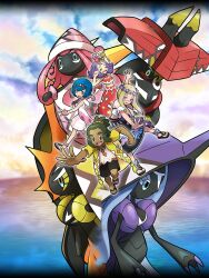 1boy 3girls acerola_(pokemon) acerola_(sygna_suit)_(pokemon) alternate_costume arm_up artist_request black_footwear black_shorts black_skirt blonde_hair blue_eyes blue_hair blush closed_eyes cloud flower gen_7_pokemon green_hair hau_(pokemon) hau_(sygna_suit)_(pokemon) head_wreath highres lana_(pokemon) lana_(sygna_suit)_(pokemon) legendary_pokemon long_hair mina_(pokemon) mina_(sygna_suit)_(pokemon) multiple_girls nintendo nose_piercing nose_ring ocean official_alternate_costume official_art open_mouth piercing pokemon pokemon_(creature) pokemon_masters_ex purple_hair red_flower red_shirt red_skirt sandals shirt short_hair shorts skirt sky smile tapu_bulu tapu_fini tapu_koko tapu_lele teeth upper_teeth_only water white_shirt