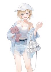 1girl :d armpits bag bare_shoulders baseball_cap belt blonde_hair blue_jacket breasts camisole cleavage collarbone denim denim_shorts earrings feet_out_of_frame frayed_shorts green_eyes hair_ornament hairclip handbag hat highres holding holding_stuffed_toy jacket jewelry kurumi_noah looking_at_viewer magako medium_breasts midriff_peek navel necklace off_shoulder open_mouth parted_bangs short_hair shorts simple_background smile solo stud_earrings stuffed_animal stuffed_toy teddy_bear teeth torn_clothes torn_shorts upper_teeth_only virtual_youtuber vspo! watch white_background white_camisole white_hat white_nails wristwatch
