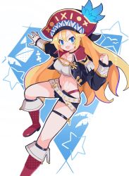 1girl :d \||/ black_choker black_jacket black_shorts black_socks blue_background blue_eyes blue_hair boots breasts choker clenched_hand collarbone commentary crop_top fang fold-over_boots hand_up hat highres jacket knee_boots kneehighs long_hair long_sleeves looking_at_viewer mayfair_(phantom_brave) medium_breasts navel open_clothes open_jacket open_mouth outline outstretched_arm phantom_brave pirate_hat red_boots red_hat short_shorts shorts skin_fang smile socks solo suaman thigh_strap very_long_hair white_outline