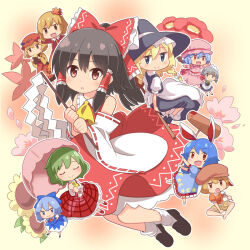 6+girls :d aki_minoriko aki_shizuha animal_ears apron arata_toshihira ascot autumn_leaves back_bow black_hair black_hat black_shoes black_skirt black_vest blonde_hair blue_bow blue_dress blue_eyes blue_hair bow braid brown_eyes brown_hat cherry_blossoms cirno closed_eyes collar commentary_request dango detached_sleeves dress fangs floppy_ears flower food frilled_bow frilled_hair_tubes frills gohei green_hair hair_bow hair_tubes hakurei_reimu hat holding holding_gohei holding_umbrella izayoi_sakuya jitome kazami_yuuka kine kirisame_marisa knees leaf light_blush long_hair maid_apron maid_headdress mallet maple_leaf mob_cap multiple_girls open_mouth orange_shirt parasol pink_hat pink_shirt pink_skirt pink_umbrella plaid_clothes plaid_dress ponytail poppy_(flower) rabbit_ears rabbit_girl red_apron red_bow red_dress red_eyes red_hat red_shirt red_skirt remilia_scarlet ringo_(touhou) seiran_(touhou) shirt shoes short_hair shorts single_braid skirt smile socks sunflower touhou umbrella vest wagashi waving white_apron white_bow white_collar white_shirt white_sleeves white_socks witch_hat yellow_ascot yellow_background yellow_shirt yellow_shorts