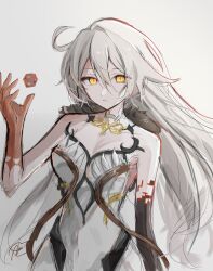 1girl absurdres ahoge ayateru_(ayaki_geme) bare_arms bare_shoulders black_fur breasts closed_mouth collarbone colored_skin commentary_request covered_navel cube expressionless floating fur_trim genshin_impact glowing glowing_eyes grey_background grey_hair hair_between_eyes hand_up highres large_breasts long_hair looking_at_viewer multicolored_skin orange_eyes powering_up shade simple_background solo two-tone_skin unknown_god_(genshin_impact) wavy_hair