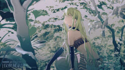 1other androgynous black_collar black_gloves black_tube_top cangchen cloud cloudy_sky collar crossed_bangs day detached_collar earrings elbow_gloves enkidu_(fate) expressionless eyelashes fate/grand_order fate_(series) feet_out_of_frame forest gloves gold_earrings green_eyes green_hair grey_pants hair_between_eyes high_collar hoop_earrings jewelry light_particles long_hair long_sidelocks midriff nature other_focus outdoors pants parted_lips pointy_nose sample_watermark sidelocks sitting sky solo strapless tube_top very_long_hair watermark