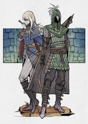 1boy 1girl armor belt blindfold blonde_hair blue_jacket boots bow_(weapon) brown_pants cape duchess_(elden_ring) elden_ring elden_ring_nightreign full_body green_cape grey_pants herheim highres hood ironeye_(elden_ring) jacket long_hair pants ponytail standing two-sided_cape two-sided_fabric weapon
