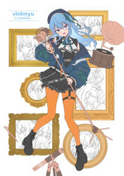 1girl :d belt beret black_belt black_dress blue_eyes blue_hair blue_hat blue_jacket boots collared_dress colored_inner_hair commentary dress full_body garter_straps green_ribbon hair_ribbon hat high_heel_boots high_heels highres holding holding_microphone_stand hololive hoshimachi_suisei hoshimachi_suisei_(1st_costume) hoshimachi_suisei_(casual) hoshimachi_suisei_(new_year) hoshimachi_suisei_(school_uniform) hoshimachi_suisei_(shout_in_crisis) hoshimachi_suisei_(supernova) jacket lace-up_boots long_hair long_sleeves looking_at_viewer microphone_stand multicolored_hair nail_polish neck_ribbon o-ring o-ring_thigh_strap off_shoulder official_alternate_costume official_alternate_hairstyle one_side_up open_mouth orange_nails orange_pantyhose pantyhose partially_unzipped phonograph picture_frame quilted_headwear ribbon short_dress short_sleeves sidelocks single_garter_strap skirt skirt_set smile solo star_(symbol) star_in_eye symbol-only_commentary symbol_in_eye teeth telescope thigh_strap upper_teeth_only vinhnyu virtual_youtuber