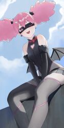 1girl absurdres black_leotard black_mask blue_sky blush boku_no_hero_academia clothing_cutout detached_sleeves earrings eye_mask gloves haneyama_kazuho heart heart_cutout highres jewelry leotard looking_at_viewer low_wings mask one_eye_closed open_mouth pantyhose pink_eyes pink_hair pink_trim simple_background sitting skirt sky smile solo superhero_costume thighhighs twintails user_knmx5385 v_arms vigilante_-boku_no_hero_academia:_illegals- wings