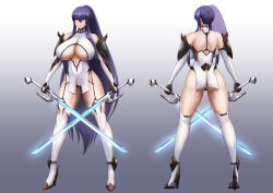 1girl akiyama_rinko breasts cleavage_cutout clothing_cutout full_body highres holding holding_sword holding_weapon huge_breasts long_hair multiple_views nikozes revealing_clothes sword taimanin_(series) taimanin_yukikaze very_long_hair weapon
