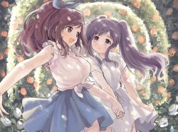 2girls :d amezawa_koma arch bandages bandaid bandaid_on_face blue_flower blue_ribbon blue_skirt blush bow breasts brown_eyes brown_hair dappled_sunlight day dot_nose dress floral_arch flower grey_hair hair_bow hair_ribbon highres holding_hands idolmaster idolmaster_shiny_colors interlocked_fingers large_breasts long_hair looking_at_another medium_breasts multiple_girls open_mouth outdoors parted_lips pink_flower ponytail purple_eyes reaching ribbon shirt short_sleeves sidelocks skirt smile sunlight swept_bangs tied_shirt tsukioka_kogane twintails waist_bow white_bow white_dress white_flower white_shirt yukoku_kiriko