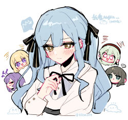 Rule 34 | 5girls, ave mujica (bang dream!), bang dream!, bang dream! it&#039;s mygo!!!!!, beret, black hair, black ribbon, blonde hair, blue hair, blush, closed mouth, commentary, crying, crying with eyes open, green eyes, green hair, hair ribbon, hat, highres, kyou 039, long hair, long sleeves, misumi uika, mortis (bang dream!), mortis (costume) (bang dream!), multiple girls, neck ribbon, purple eyes, purple hair, red hat, ribbon, shirt, short hair, sidelocks, tears, togawa sakiko, twitter username, wakaba mutsumi, white shirt, x mouth, yahata umiri, yellow eyes, yuutenji nyamu